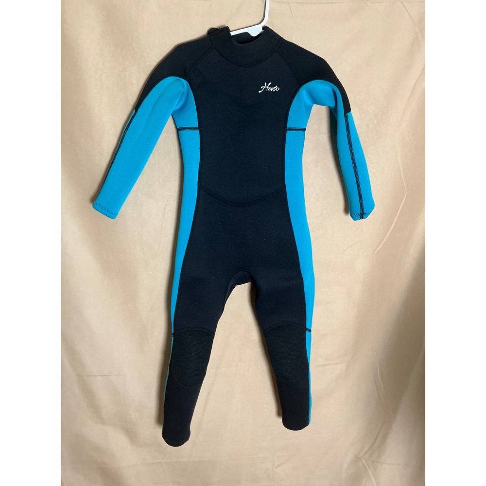 Hevto Wetsuit Kids Size 5 Black Blue Excellent 3/2mm Neoprene Full Body Back Zip